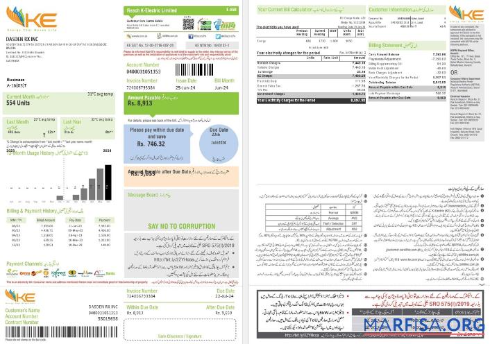 Blank Pakistan KE Electricity business utility bill template in Word and PDF formats, 2 pages